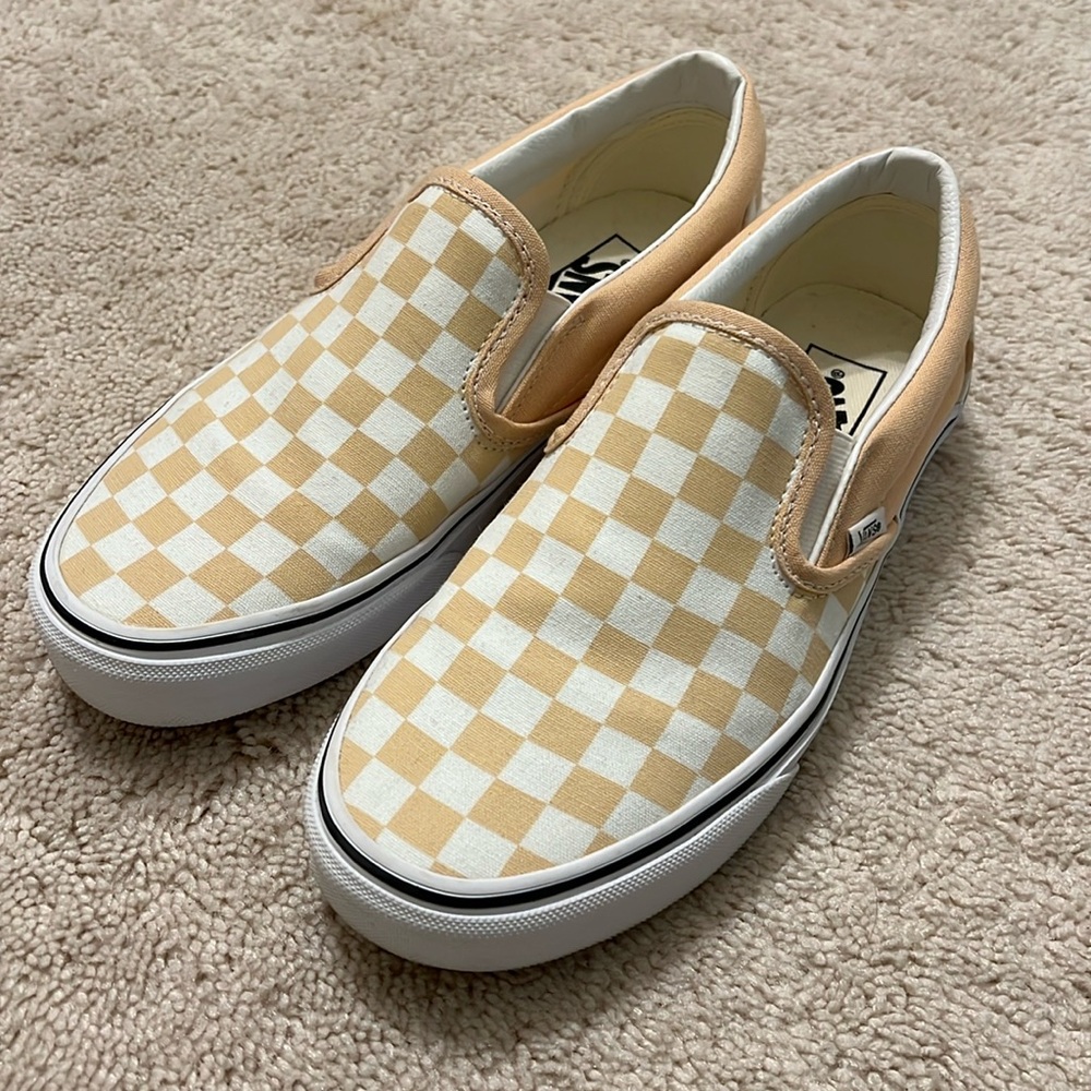 Vans Peach Orange and White Checkerboard Classic Slip-On Shoes